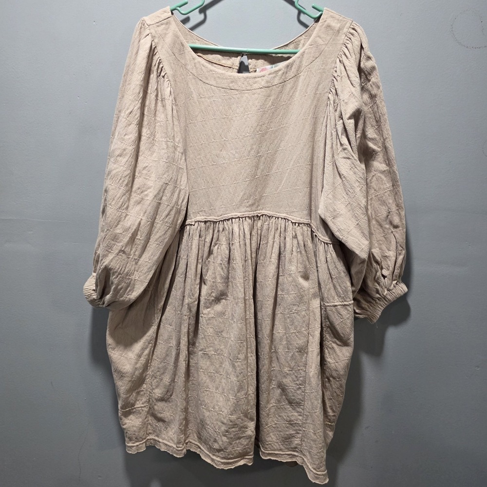 Free People Beach Get Obsessed Babydoll Mini Dress Size S Tan Long Sleeve